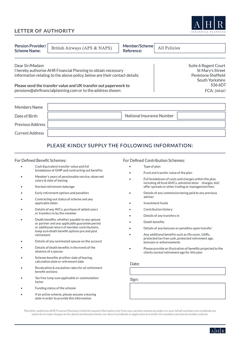 British Airways CETV Request Form AHR Private Wealth